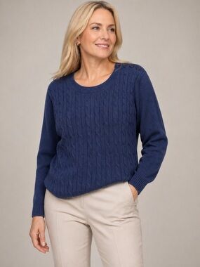 Talbots 2X Navy Cable Knit Sweater Button Shoulder Lambswool Blend Classic